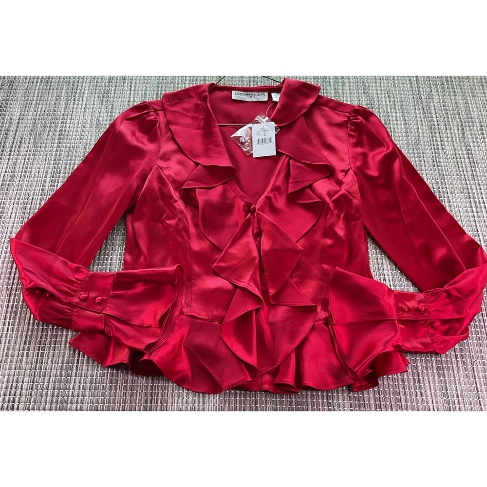 Bloomingdales Red Silk Ruffle V-Neck Blouse Bell Cuff FM4619P 6P NEW